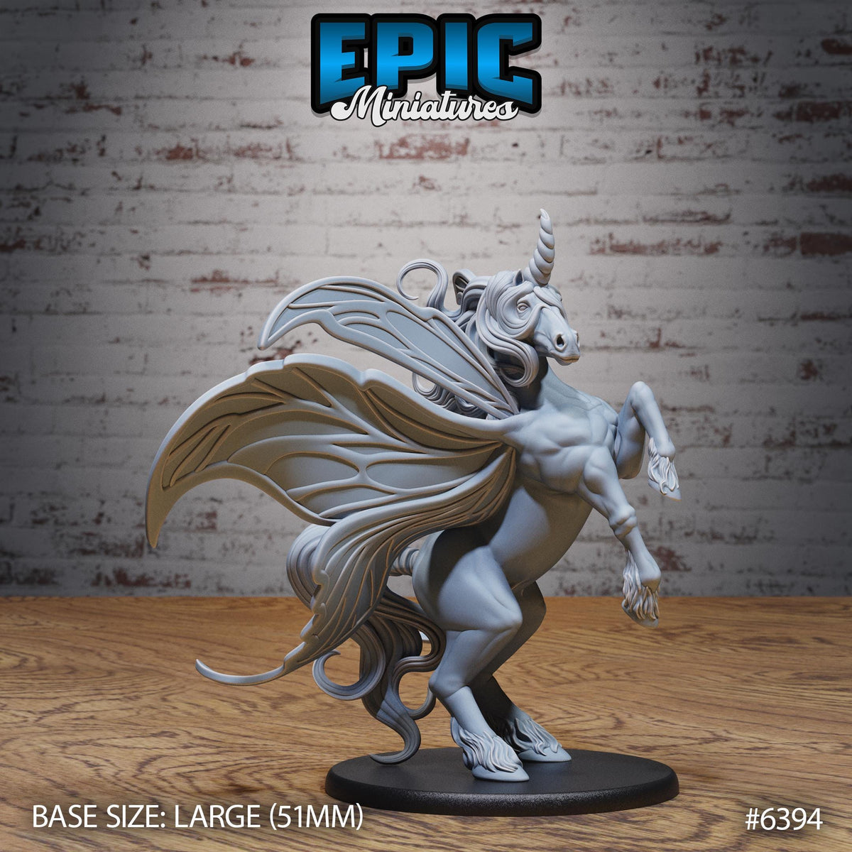 A large, detailed figurine of a unicorn with wings, standing on a black base.
