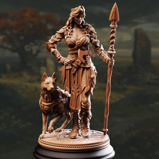 A detailed bronze statue of a woman in armor standing next to a wolf, both holding weapons.