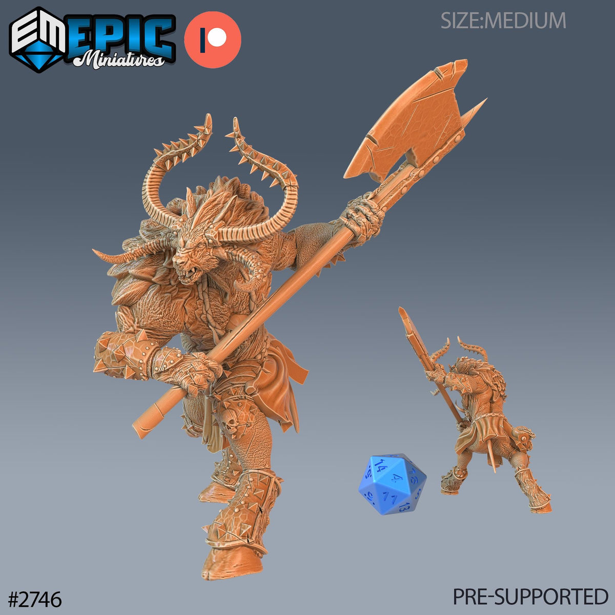 a miniature figurine of a dragon-like creature with horns and a large, curved weapon. The figurine is holding the weapon in one hand and a blue dice in the other. The figurine is part of a collection of miniature figures, and it is described as a "pre-supported" image.