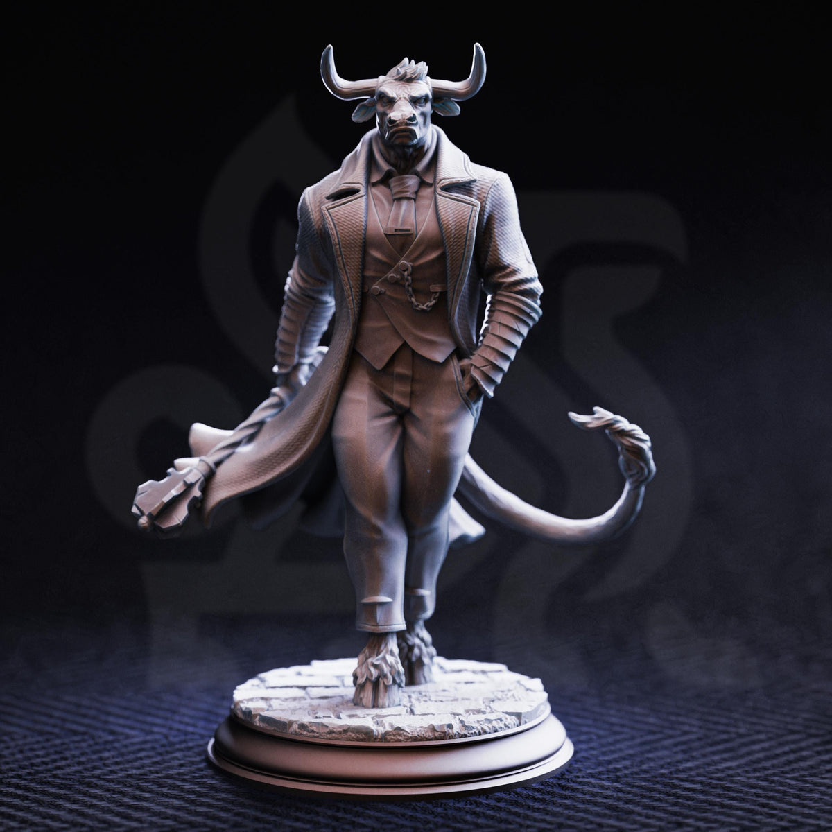 A statue of a bull-like creature with horns, dressed in a suit and standing on a pedestal against a dark background.