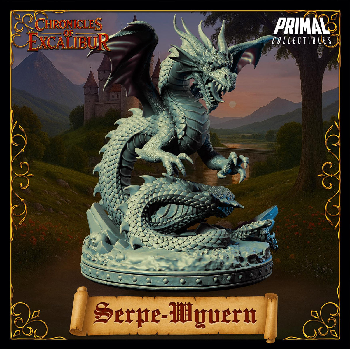 A detailed 3D model of a dragon statue, with intricate scales and a fierce expression, set against a fantastical landscape with a castle in the background.