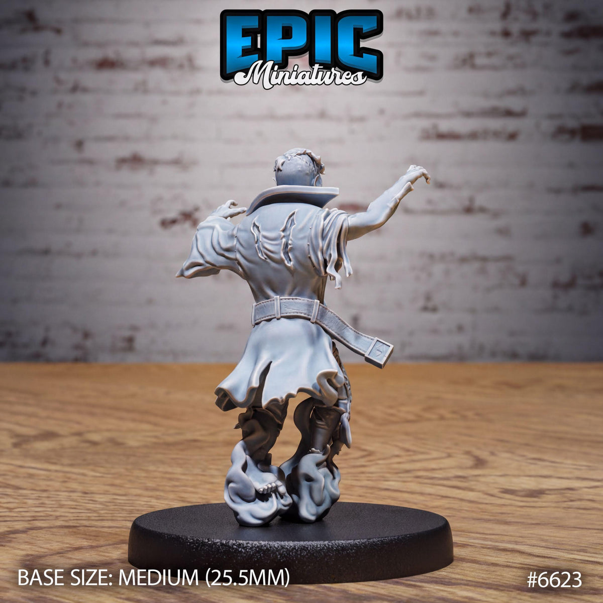 A miniature figurine of a person standing on a black base, with a brick wall in the background. The figurine appears to be made of a material that resembles plastic or foam.
