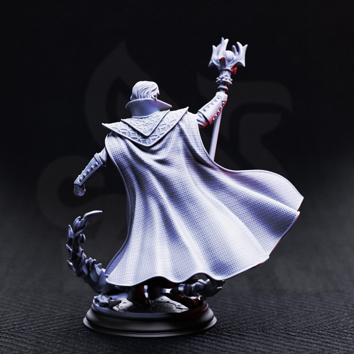 A detailed 3D model of a character with a flowing cape and a staff, standing against a dark background.