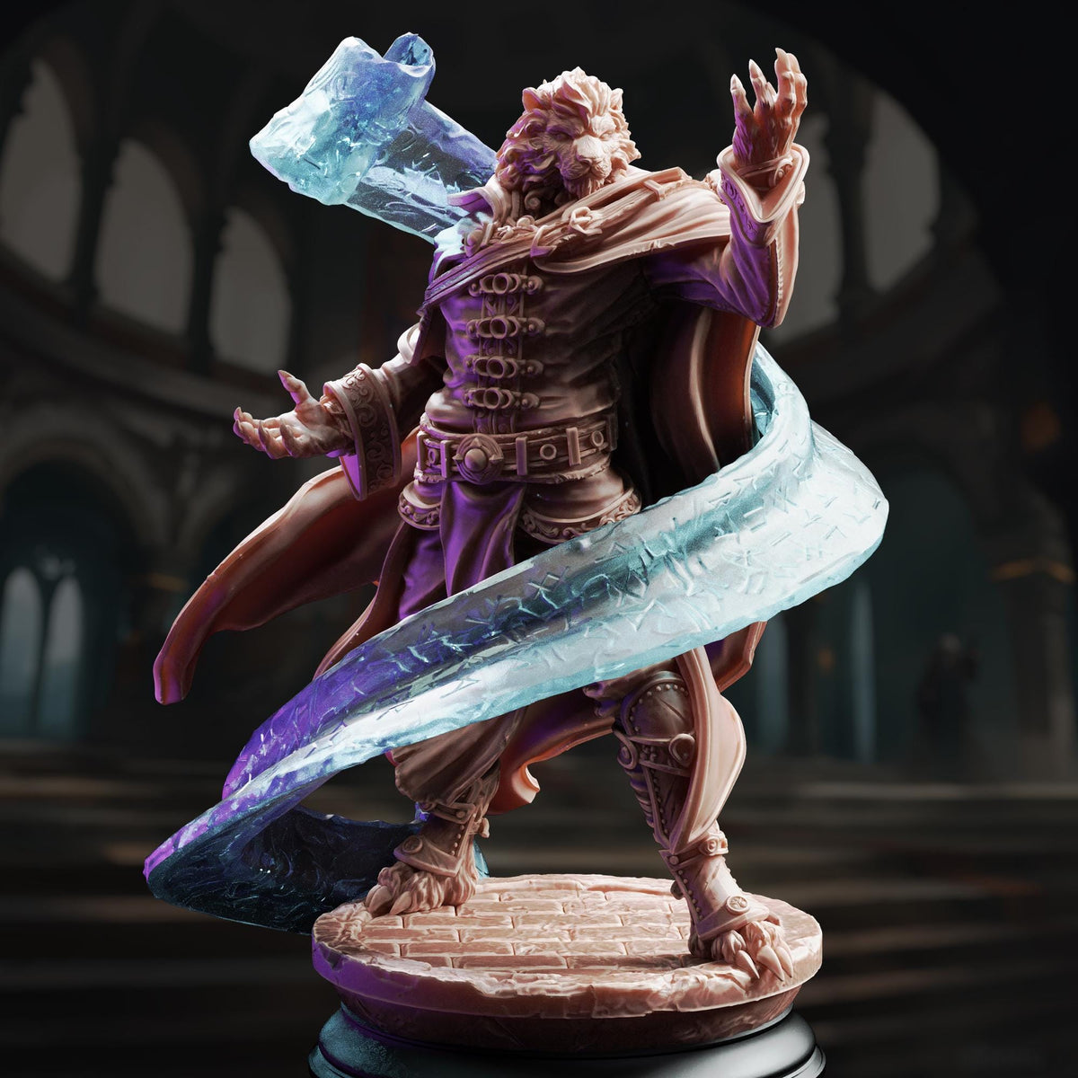 A detailed 3D rendering of a fantasy character, possibly a dragon or mythical creature, standing on a pedestal and holding a blue and purple object in its hands.