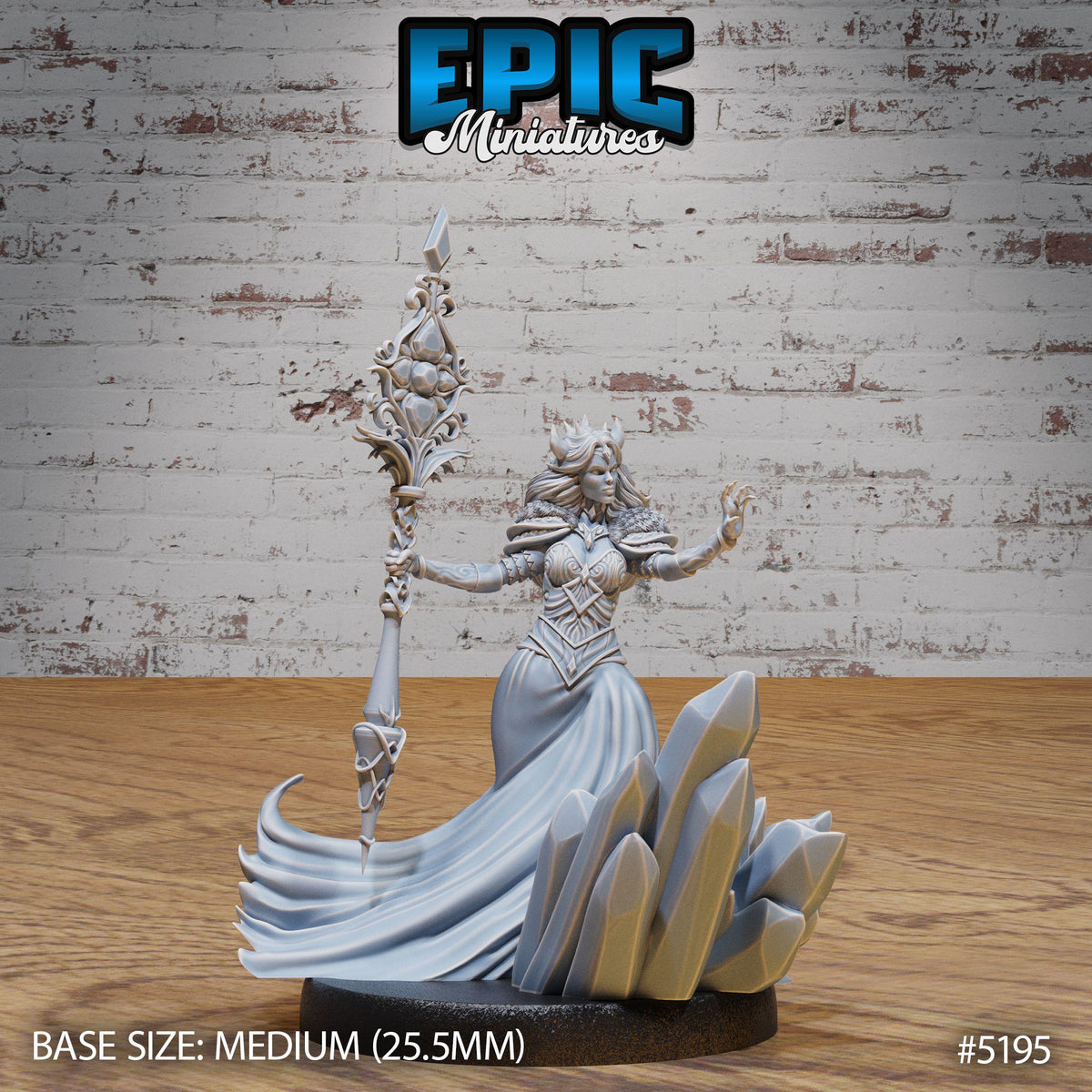 A 3D model of a female character with a staff and a flowing dress, standing on a base. The background is a brick wall.