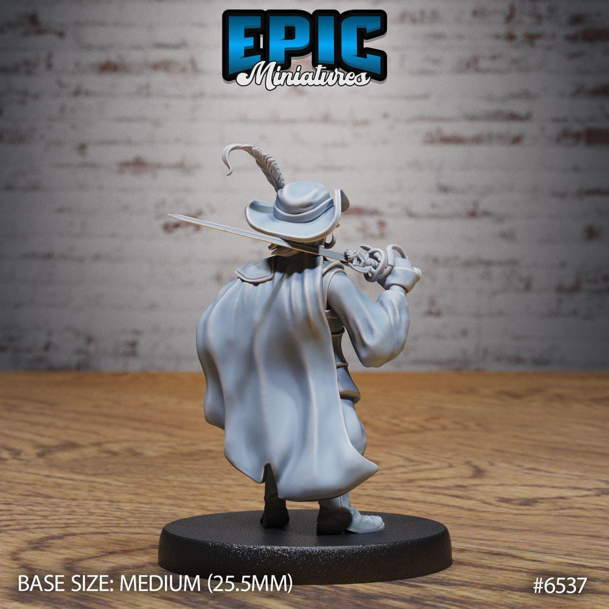 A figurine of a person wearing a hat and holding a sword, standing on a black base.