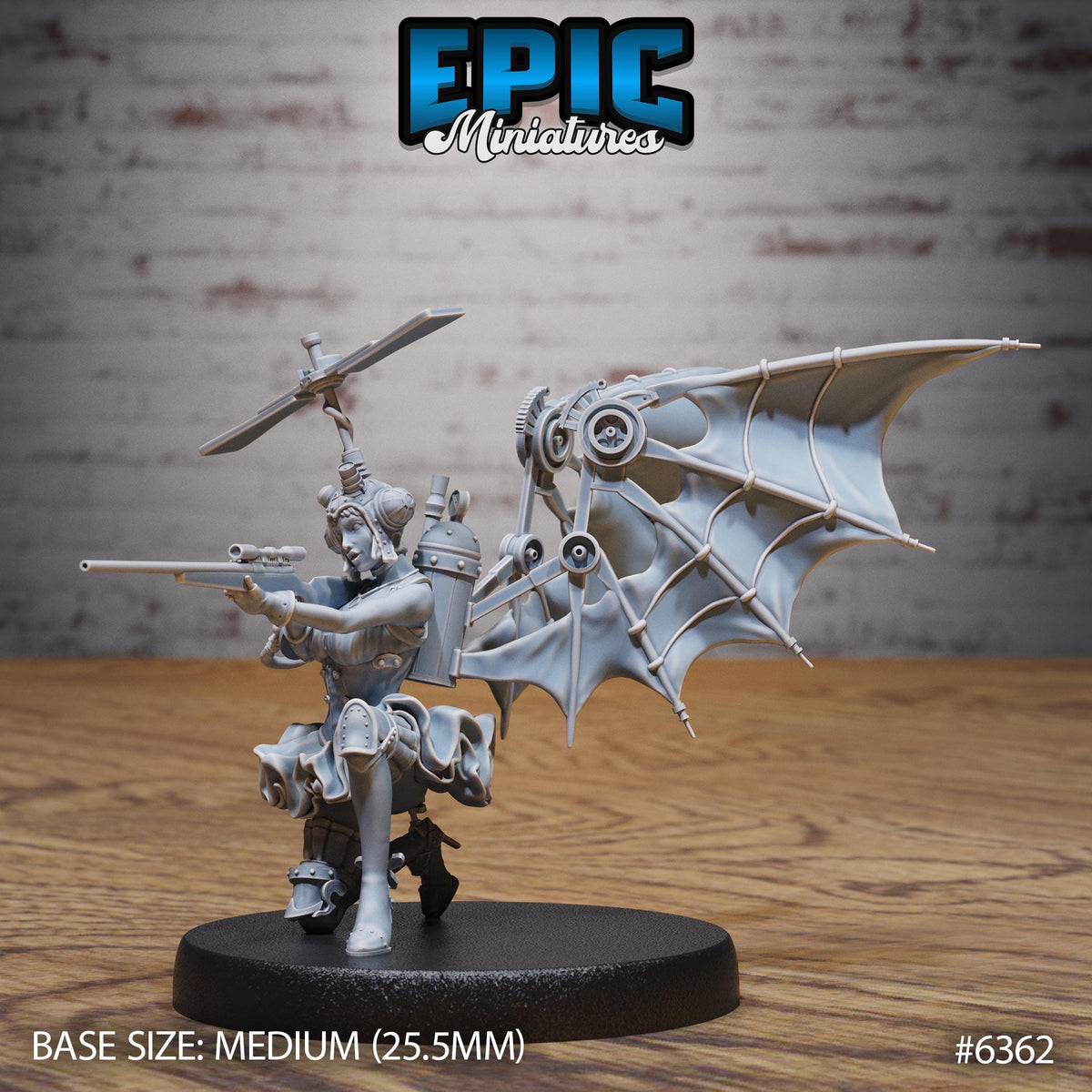 A figurine of a winged, armored character with a gun, standing on a black base. The figurine appears to be a miniature model of a character from a video game or tabletop game.