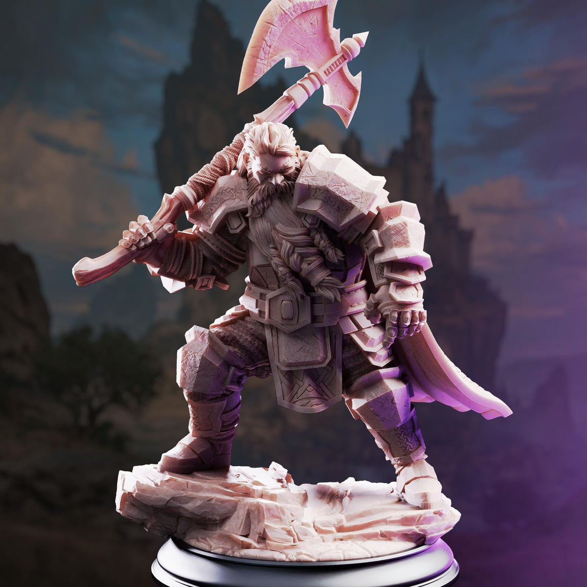 A detailed 3D model of a warrior figure, holding a large weapon and standing on a rocky platform against a backdrop of a castle or fortress.