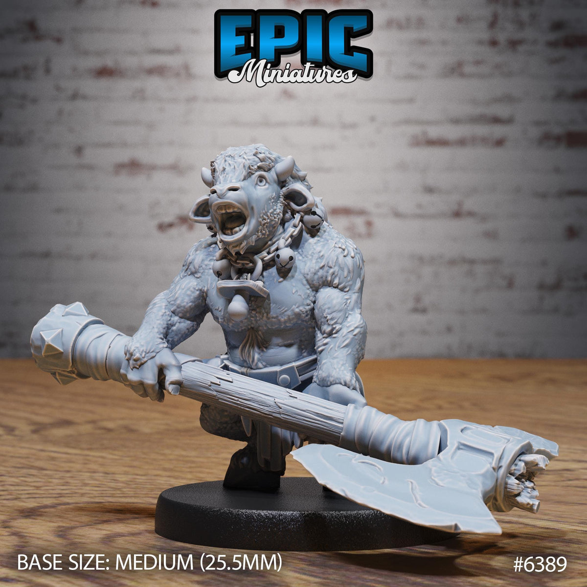 A figurine of a muscular, horned creature holding a large weapon, likely a sword or spear, in front of a brick wall.