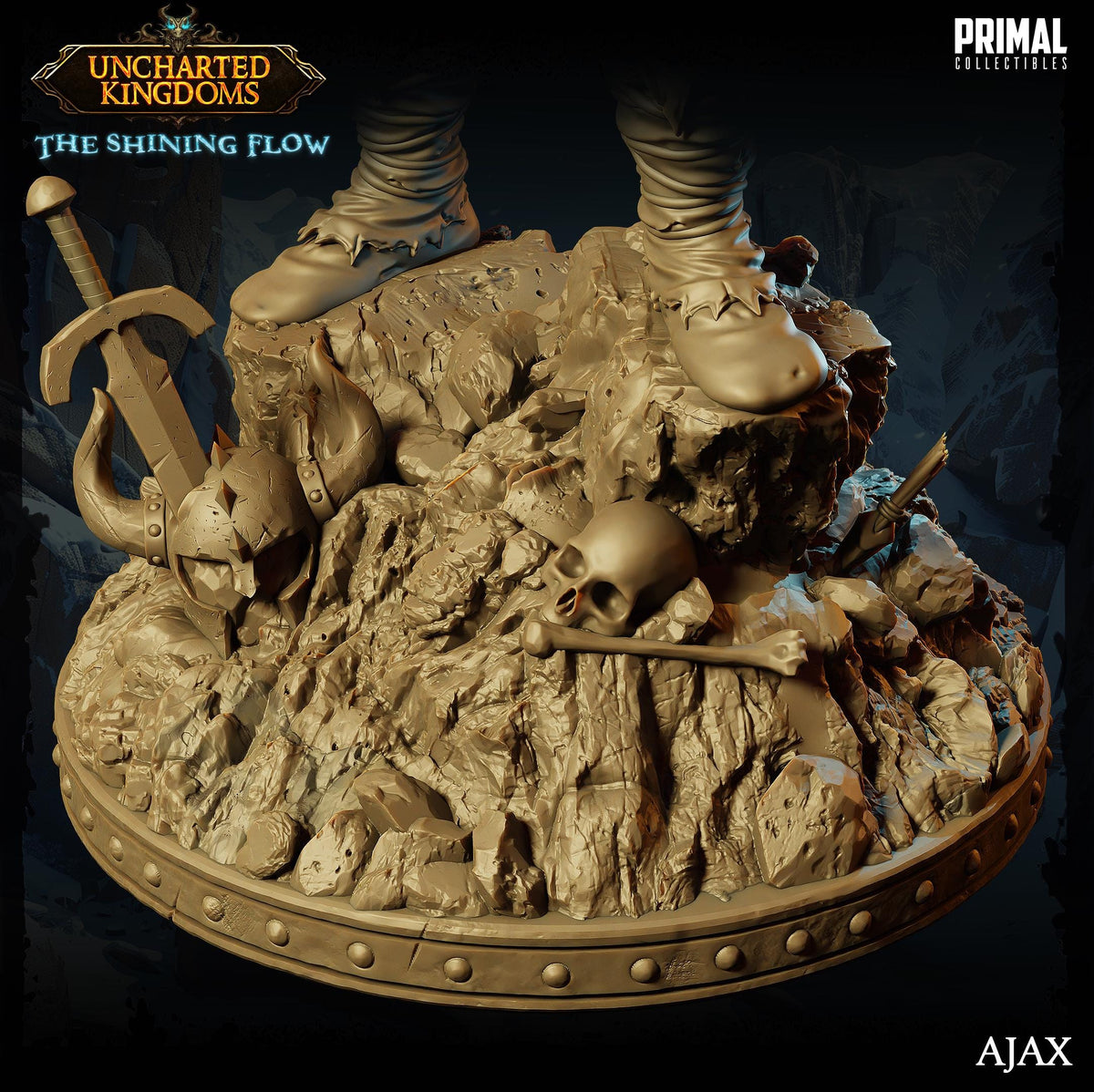 The image is a 3D rendering of a statue depicting a warrior standing on a rocky surface with a sword and a skull.