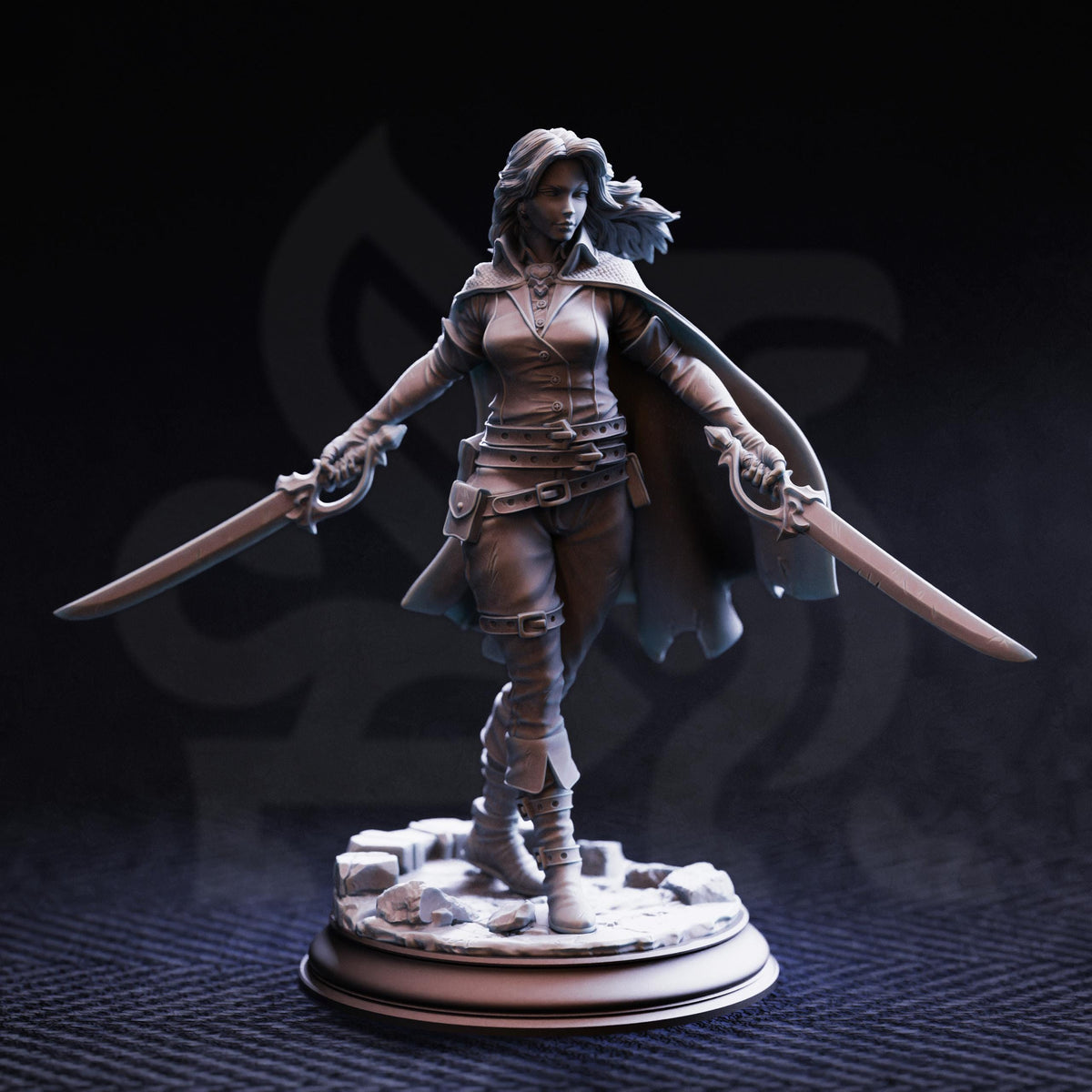A detailed 3D model of a female character with a cape, holding two swords, standing on a base.