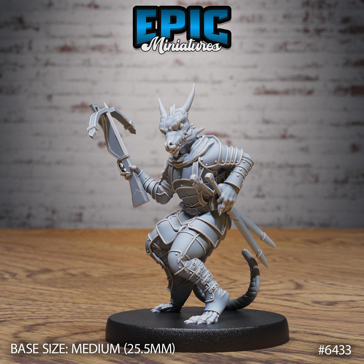 A 3D model of a miniature character, likely a dragon or similar mythical creature, standing on a black base and holding a weapon. The character appears to be in a fighting stance, ready for action.