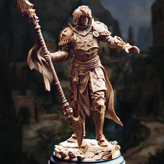 A detailed 3D model of a knight in armor, holding a spear and standing on a rocky base.