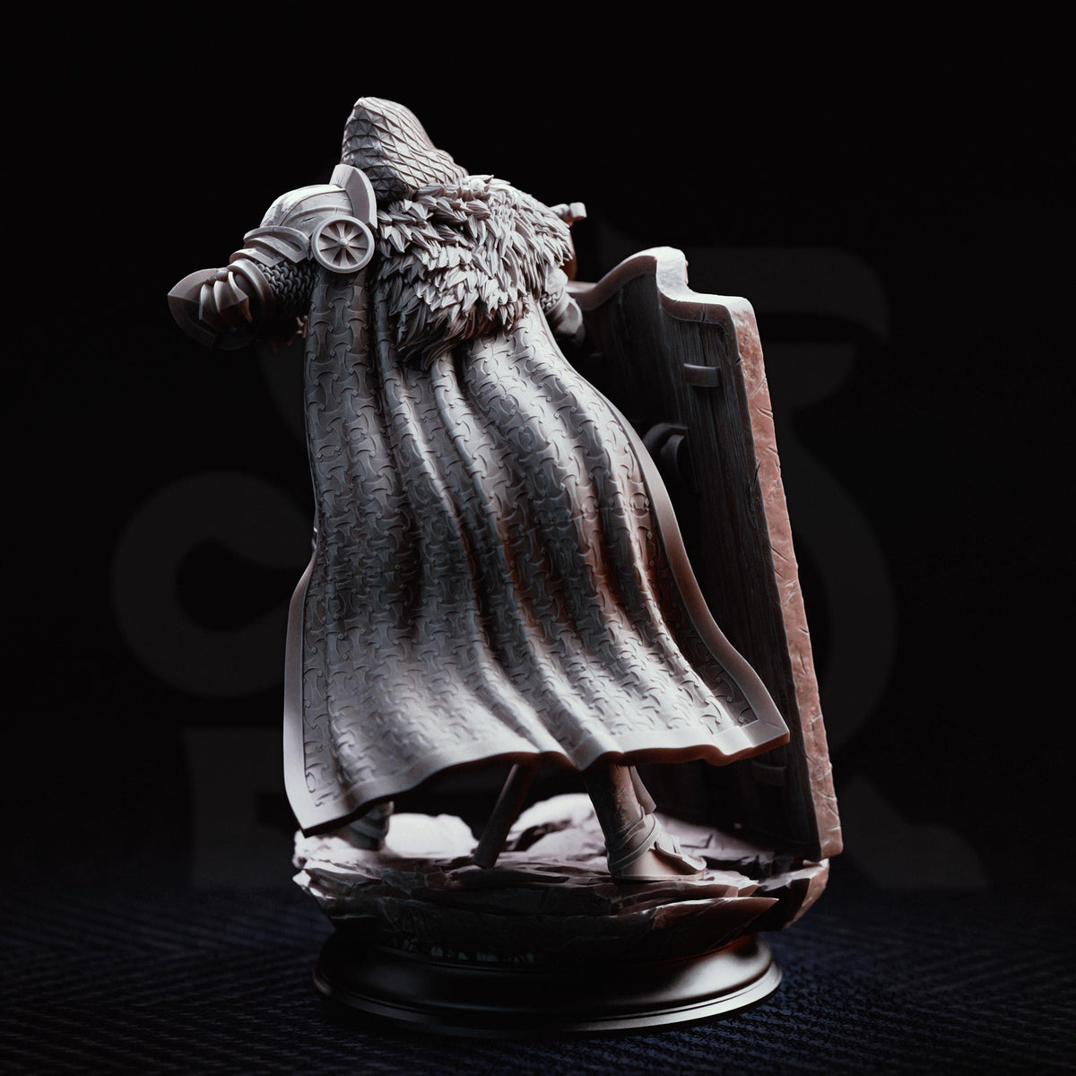 A detailed 3D rendering of a statue depicting a figure in a cape, standing on a base.
