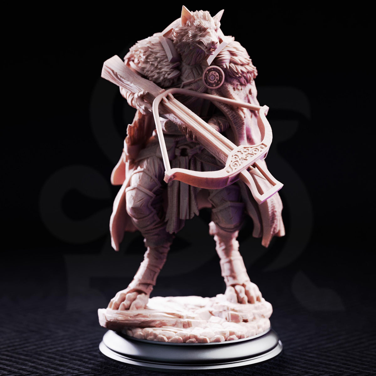 A detailed figurine of a wolf-like creature holding a crossbow, standing on a platform against a dark background.