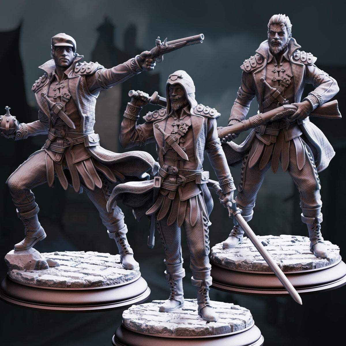 three detailed 3D models of soldiers, each holding a weapon and standing in a defensive stance.