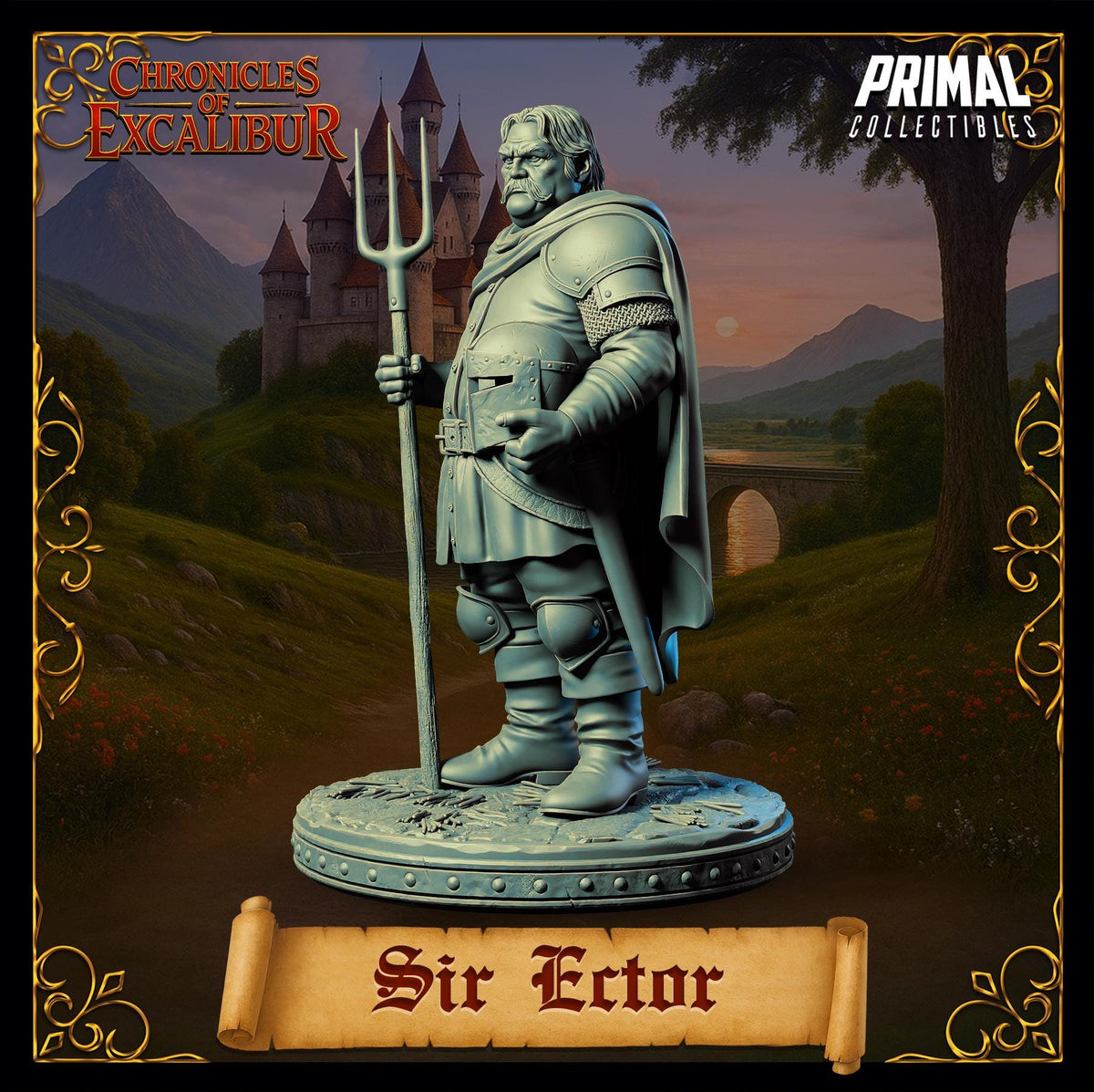 Knight Sir Ector miniature from Chronicles of Excalibur, crafted in premium grey resin for collectors and tabletop games.