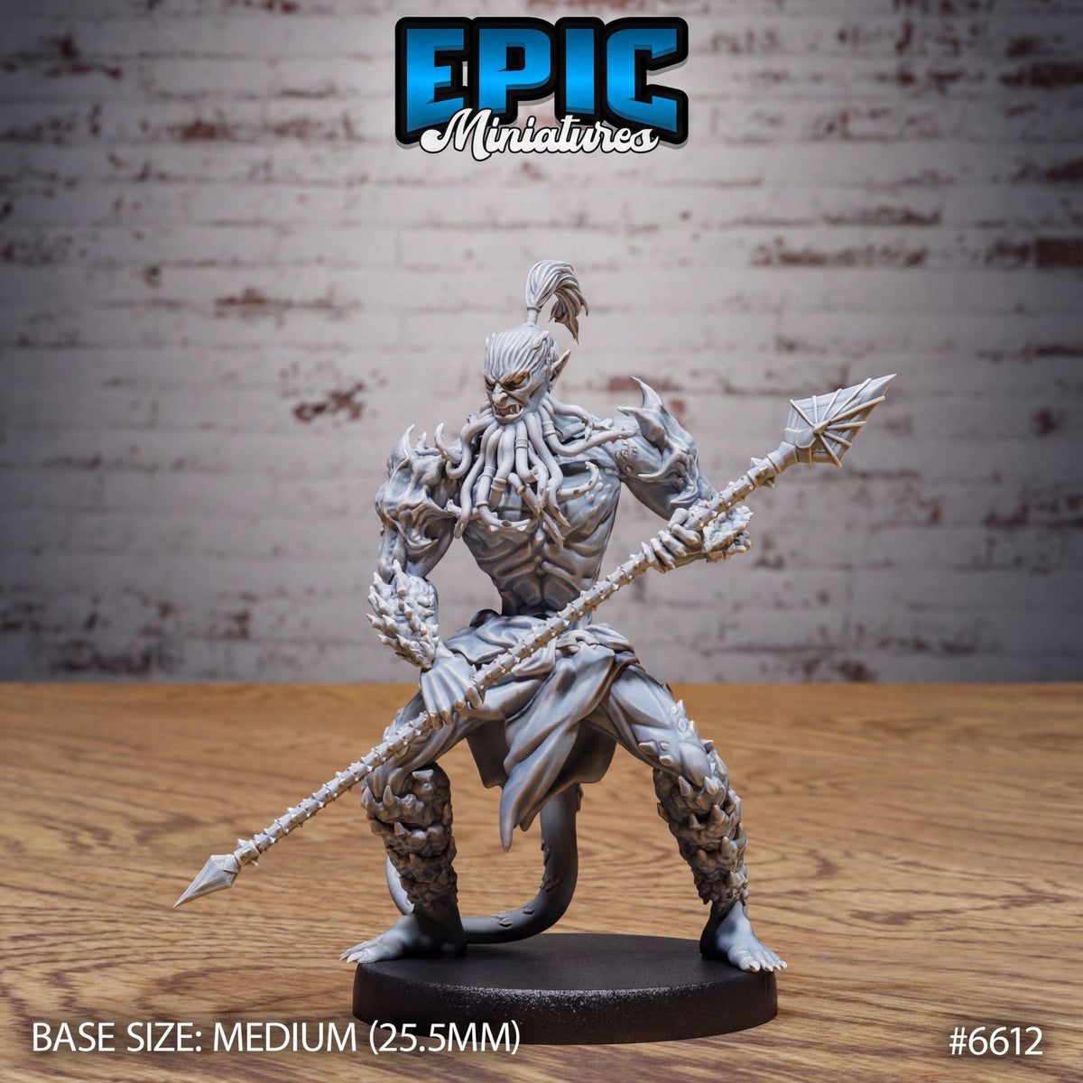 A detailed 3D model of a warrior figure holding a spear and sword, standing on a black base. The background is a brick wall.