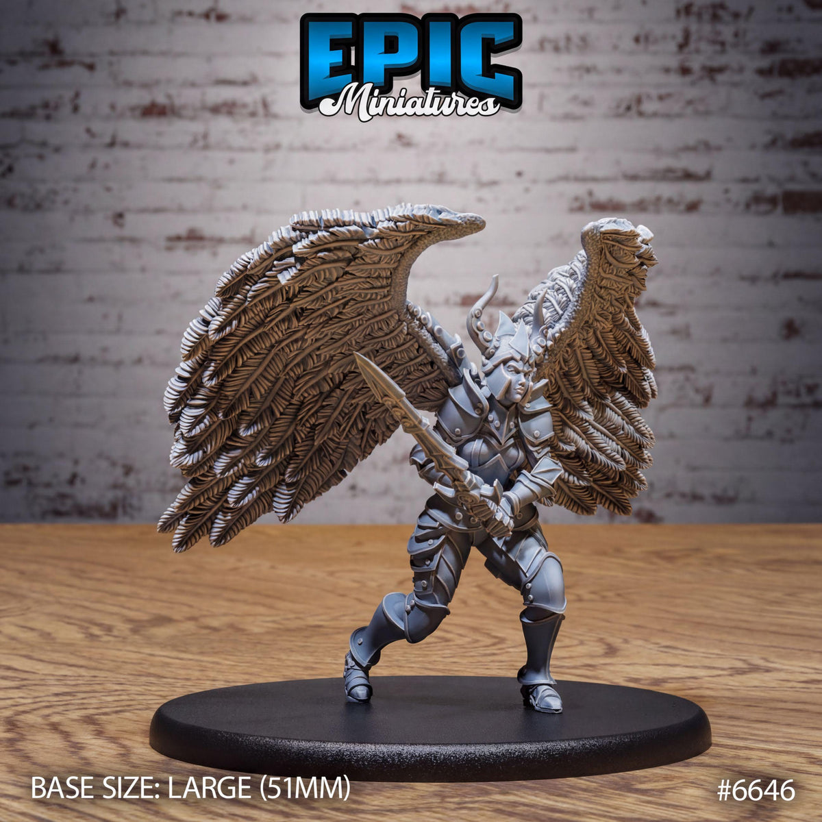 A figurine of a winged warrior with a sword and shield, standing on a black base.