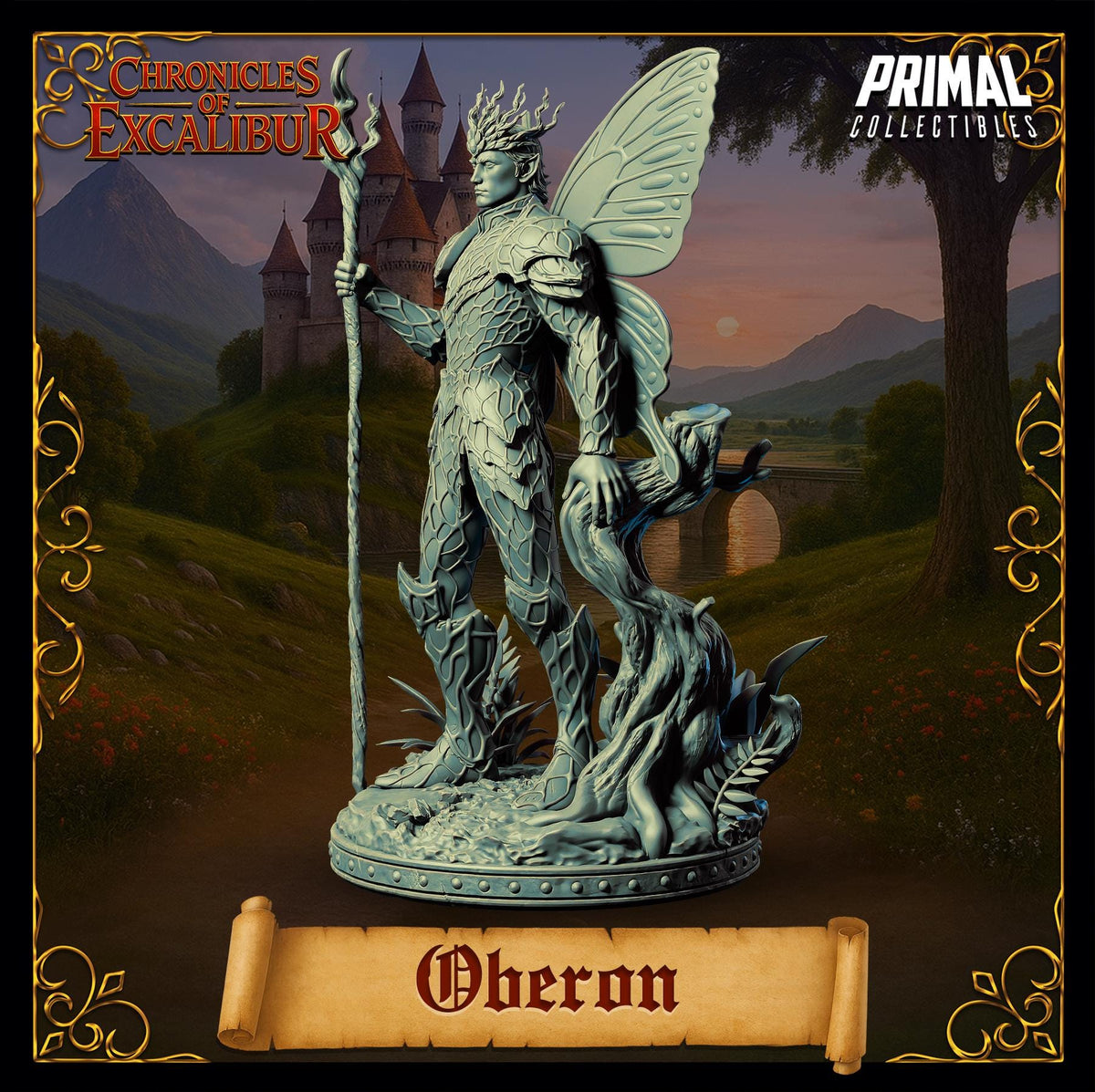 a statue of a winged, armored figure with a staff, standing in a fantasy setting with a castle in the background.