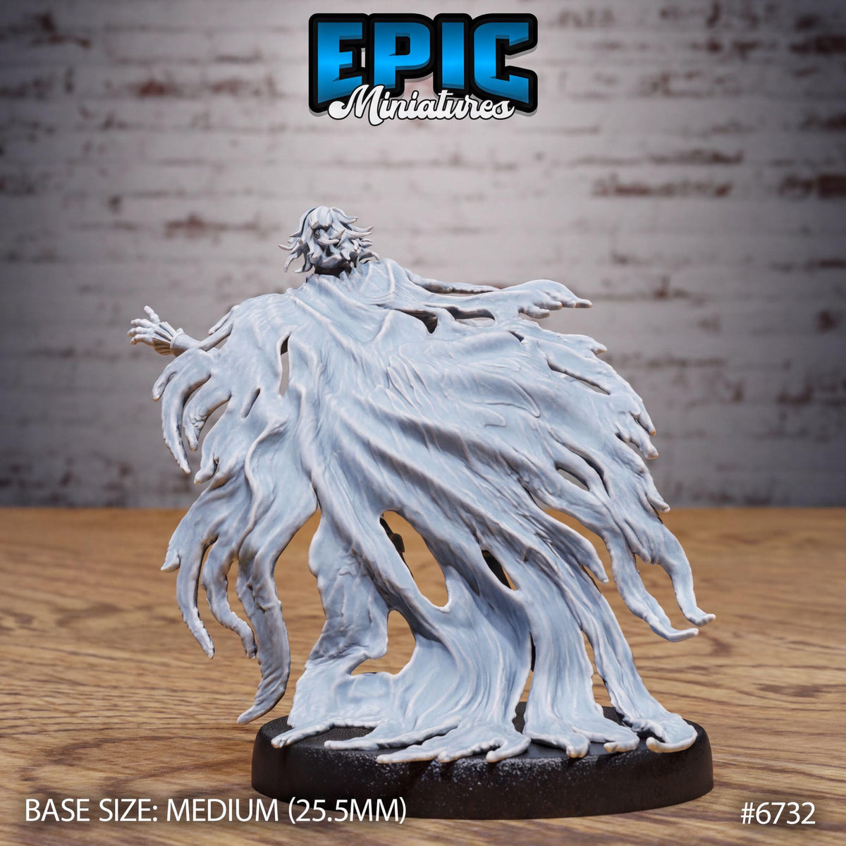 a miniature figurine of a ghost-like figure with flowing, ethereal hair and a long, flowing cape. The figurine is placed on a black base and is described as a "MEDIUM" size, which is 25.5 millimeters in length. The image is part of a collection of miniature figurines, as indicated by the text "EPIC MINIaturals" and the number "#6372".