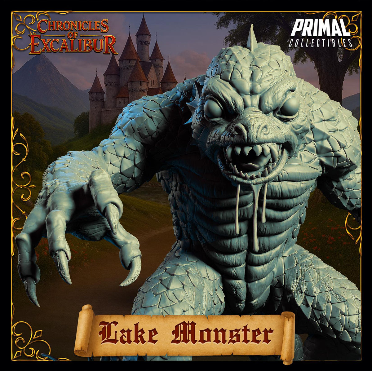 A large, detailed statue of a monster with sharp teeth and claws, resembling a creature from a fantasy world. The monster is depicted in a dynamic pose, with its arms outstretched and its mouth open, giving it a menacing appearance. The background features a castle, adding to the overall atmosphere of the scene. The title "Lake Monster" is prominently displayed in the center of the image.