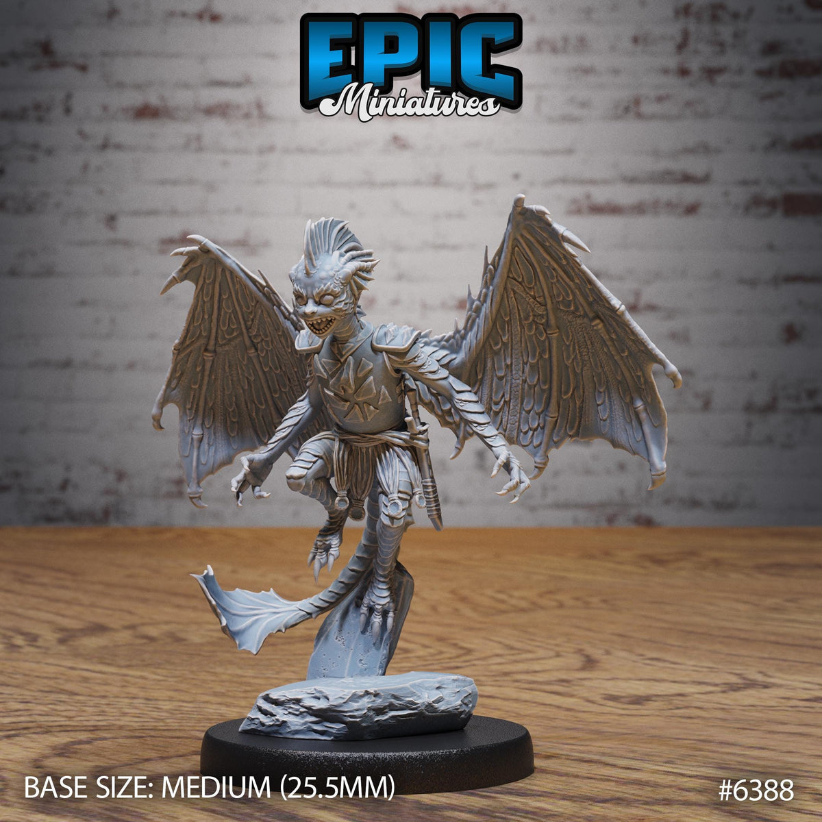 A detailed figurine of a winged creature with a fierce expression, standing on a black base. The figurine appears to be made of a material that resembles metal or plastic, and it is set against a brick wall background. The image is labeled with the text "Epic Miniature" and "BASE SIZE: MEDIUM (25.5MM)" indicating the size and material of the figurine.