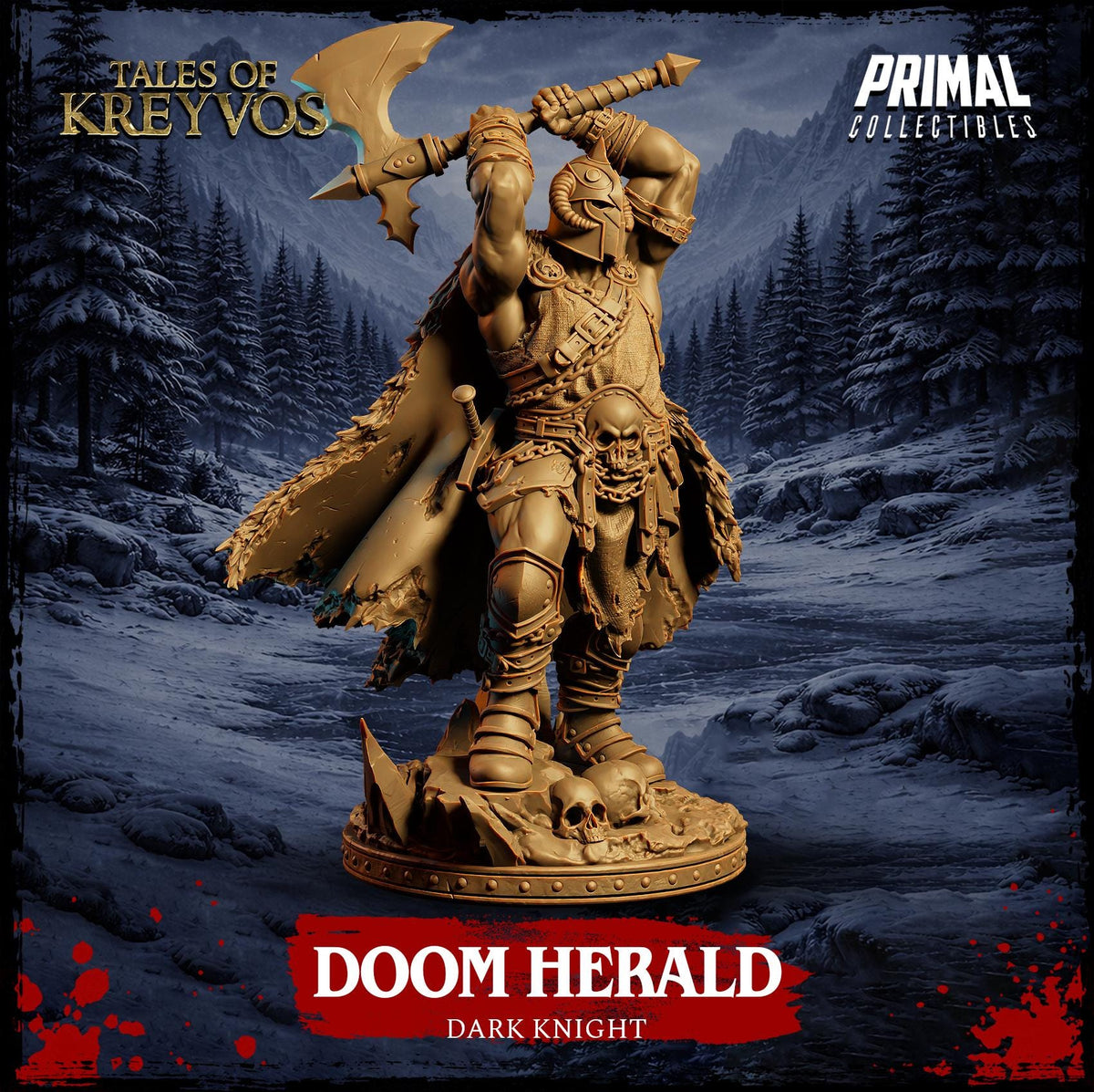 a golden statue of a knight holding a large weapon, standing in a snowy landscape with mountains in the background.
