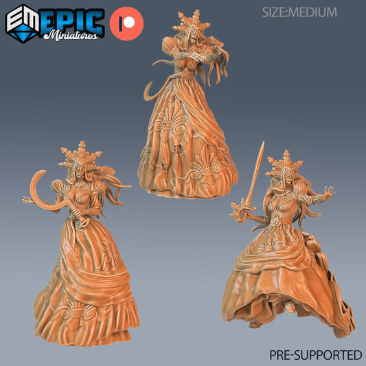 three detailed 3D models of female characters, each wearing an ornate, flowing dress. The characters appear to be from a fantasy or fantasy-inspired setting, possibly a fantasy world or a video game. The image is pre-supported, meaning it is not a new creation and has been provided for use by the creator or publisher.