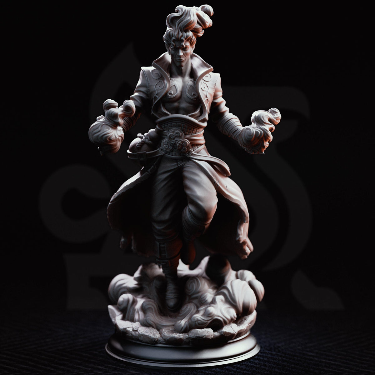 A detailed 3D rendering of a pirate statue, standing on a base and holding a sword in one hand and a shield in the other.
