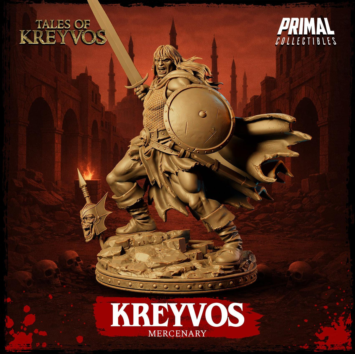 The image is a promotional poster for a video game called "KREYVOS" by "PRIMAL COLLECTibles". The central figure is a warrior character, holding a shield and sword, standing in a dark, ominous setting with a castle in the background.