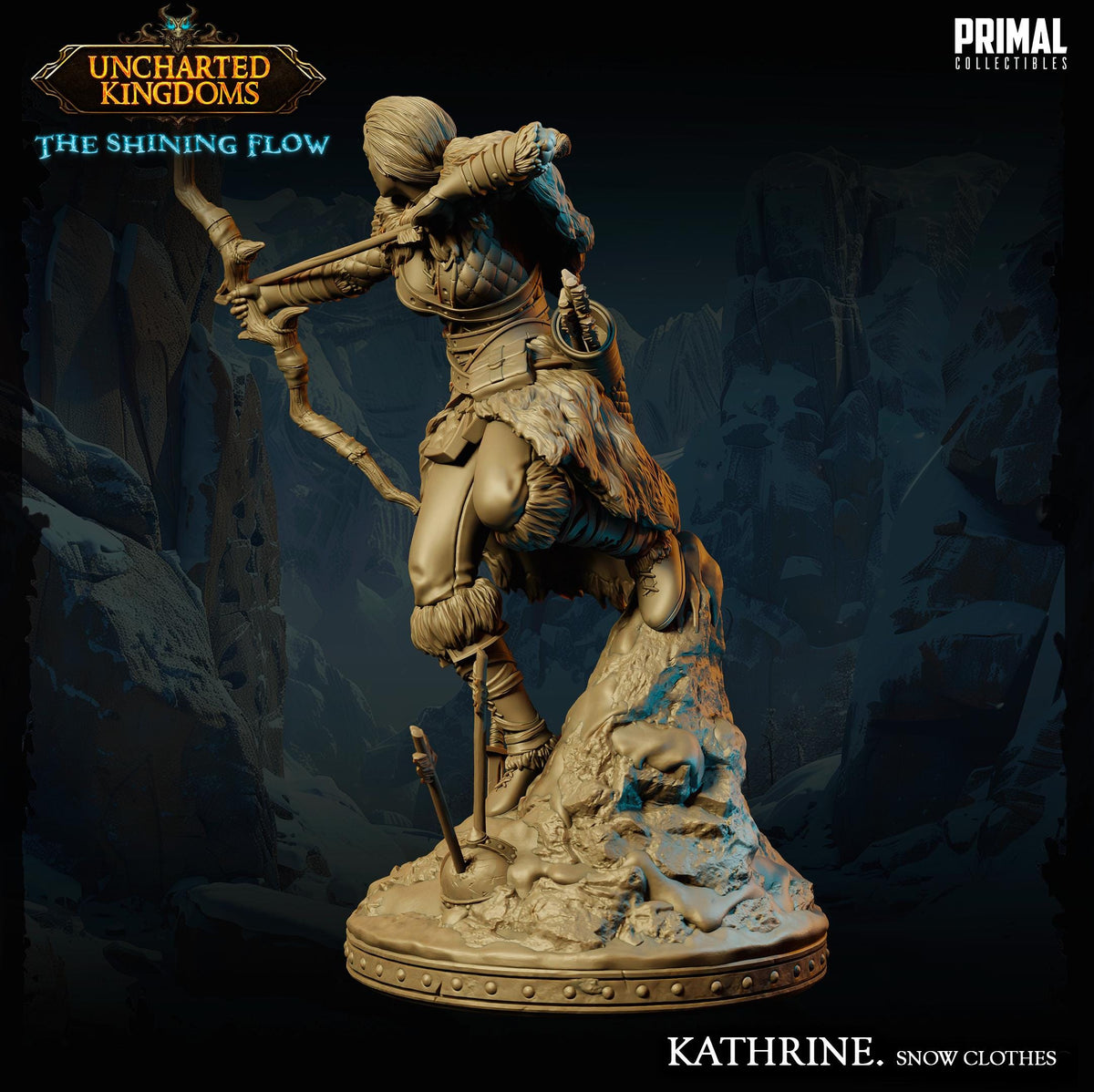 A bronze statue of a warrior figure, likely from the video game "Uncharted Kingdoms: The Shining Flow", standing in a snowy, mountainous environment.