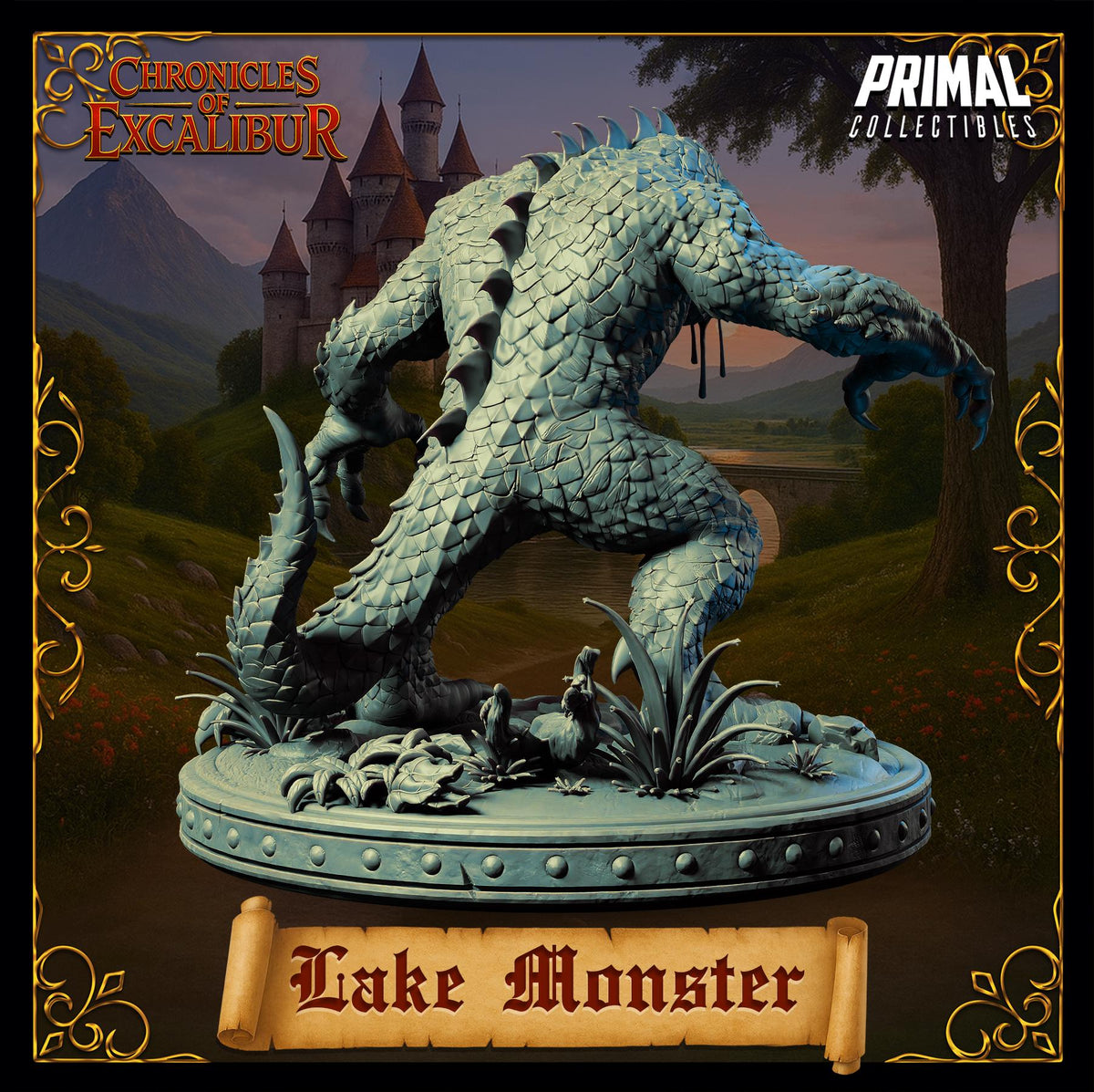 A statue of a large, green monster with sharp teeth and claws, standing on a pedestal and surrounded by a castle-like structure in a fantasy setting.
