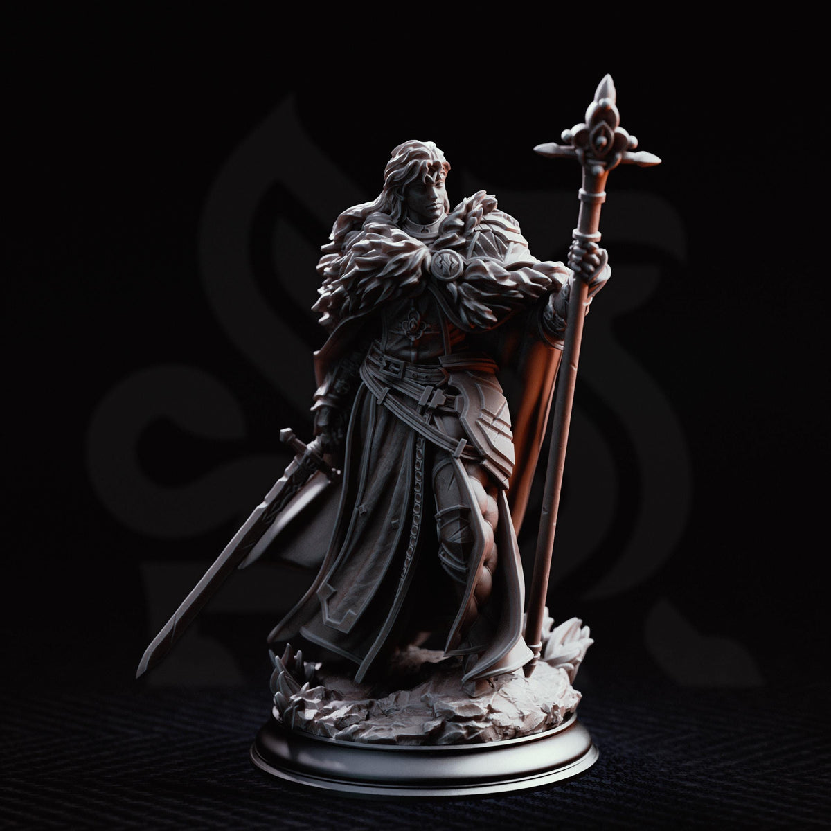A detailed 3D model of a warrior figure holding a sword and shield, standing on a base and facing to the right.