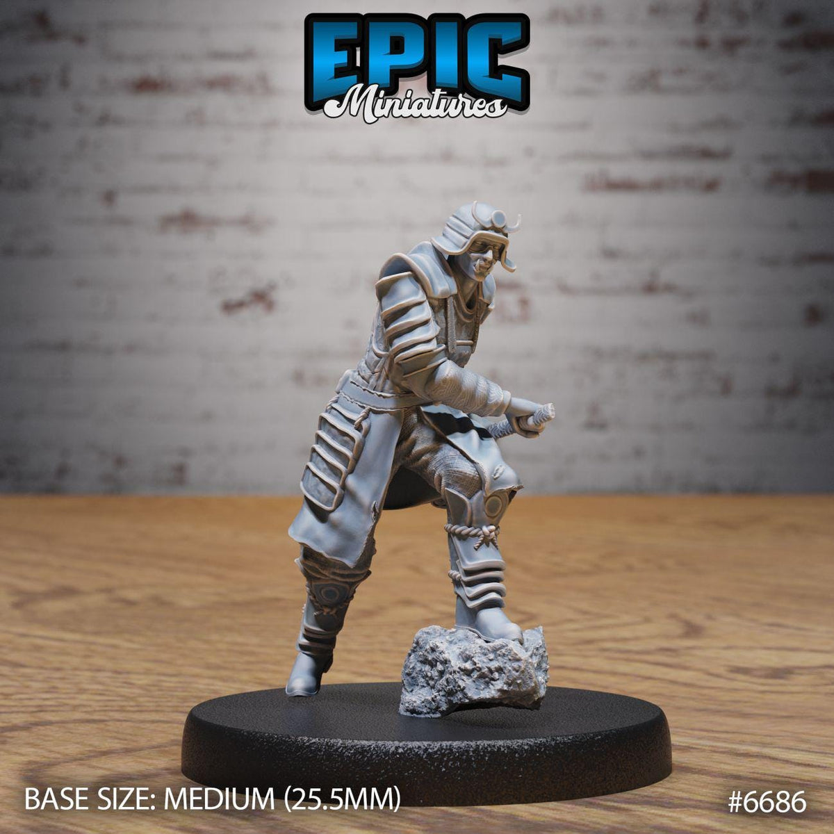 A figurine of a warrior standing on a rock, with a brick wall in the background. The figurine is described as a "MEDIUM" size, which is 25.5 millimeters in diameter. The image is a part of the "EPIC MINIATURES" series, as indicated by the text at the top of the image.