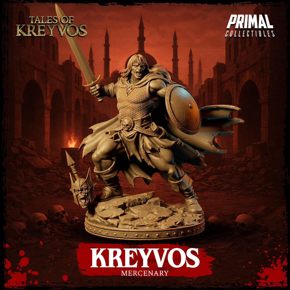 A bronze statue of a warrior figure, holding a shield and sword, standing in a dark, ominous setting with a castle in the background.