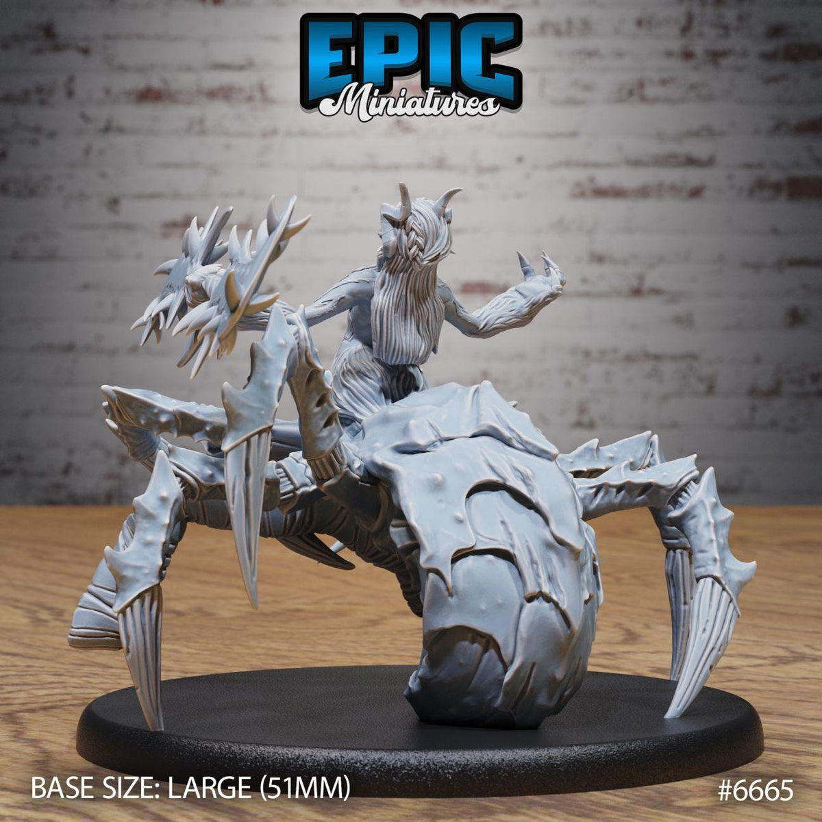 A 3D model of a large, intricate spider-like creature with sharp, angular features and a long, flexible body. The creature is sitting on a circular base and appears to be in a dynamic pose, with its legs spread out and its head turned to the side. The image is described as a "BASE SIZE: LARGE (5.1MM)" and is numbered "6665".
