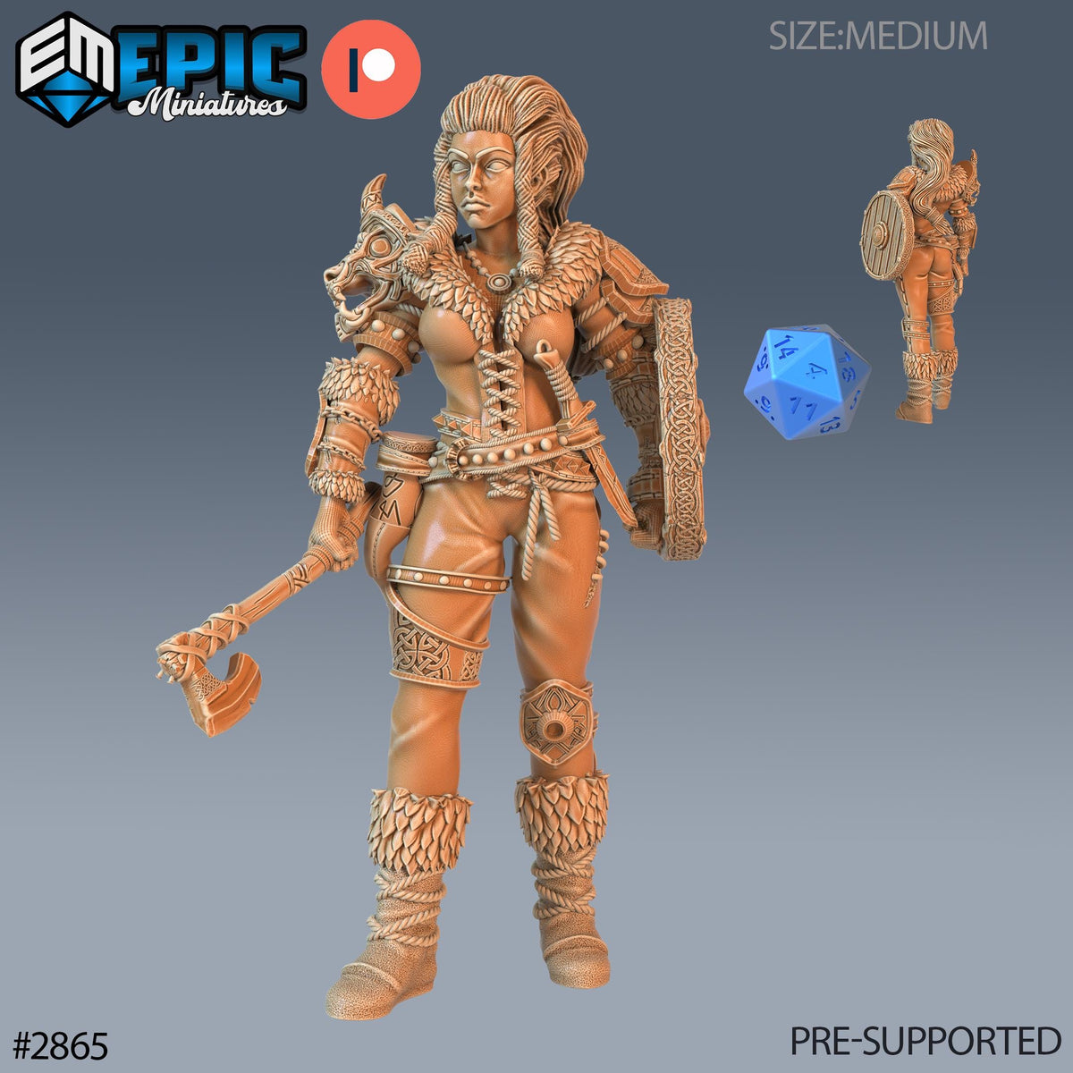 The image is a 3D model of a female warrior character, featuring intricate details and a detailed design.