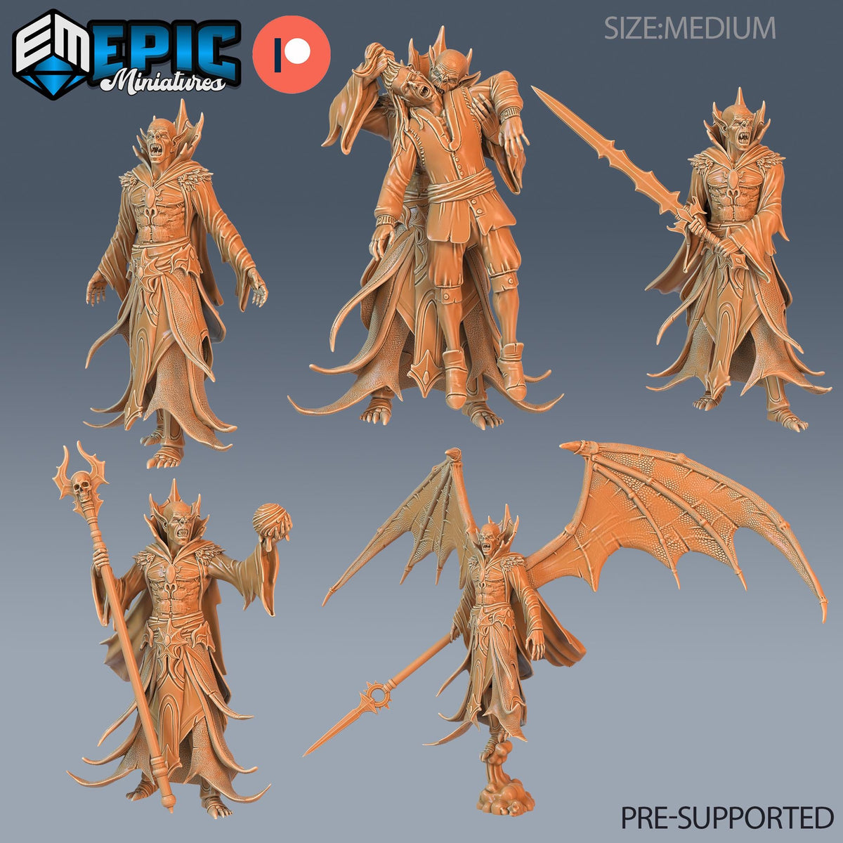 six detailed figurines of fantasy characters, including a bat-like creature, a winged figure, and other fantastical figures. The figurines are arranged in a grid-like pattern, showcasing the variety of the characters depicted. The image is pre-supported, meaning it is ready for use in a game or other project.