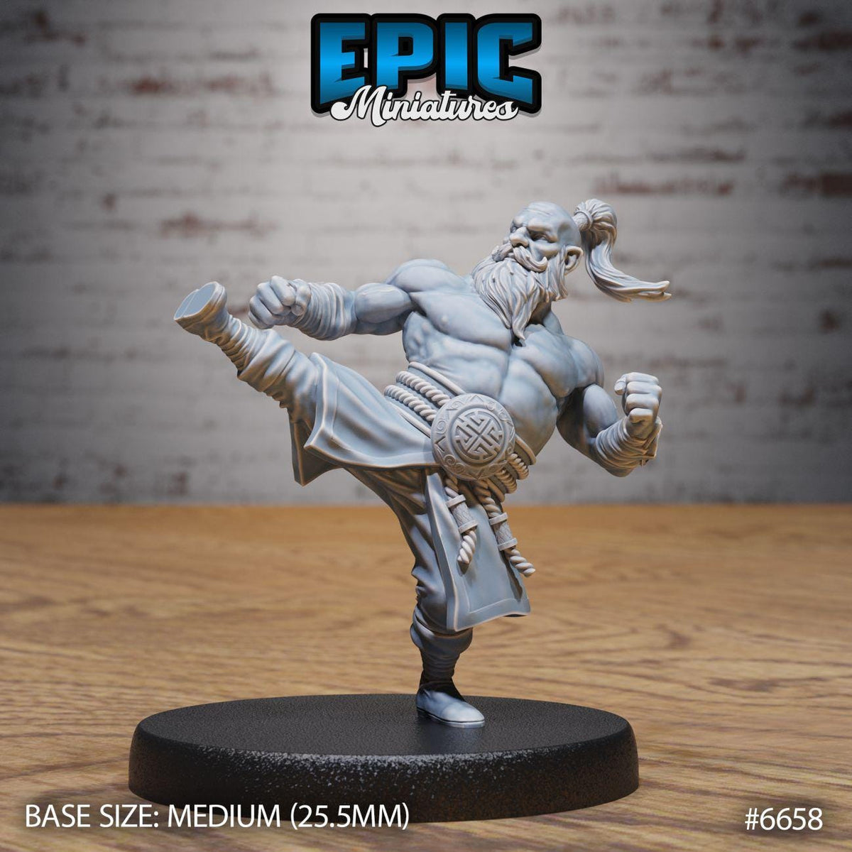 A figurine of a muscular, bearded man in a fighting stance, wearing a belt and holding a weapon, is displayed on a black base.