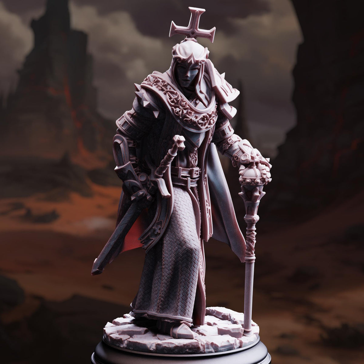 A detailed 3D model of a knight figure, standing on a pedestal and holding a sword and shield, set against a dramatic, rocky landscape.