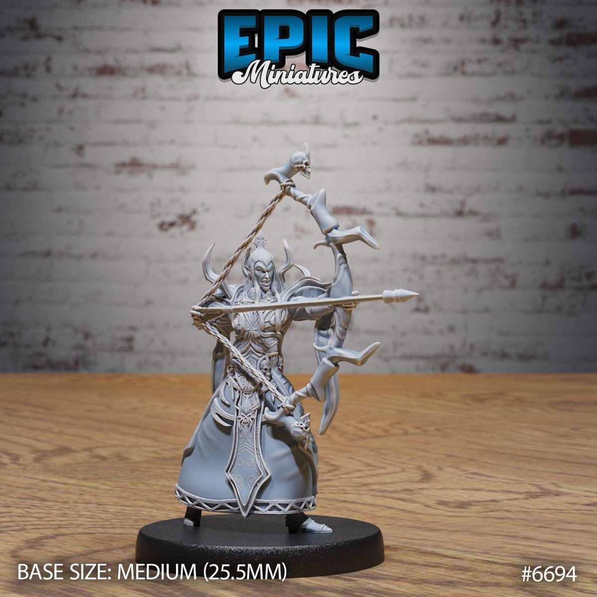 A figurine of a warrior figure, likely from the video game Epic Miniatures, is displayed on a wooden surface against a brick wall background.