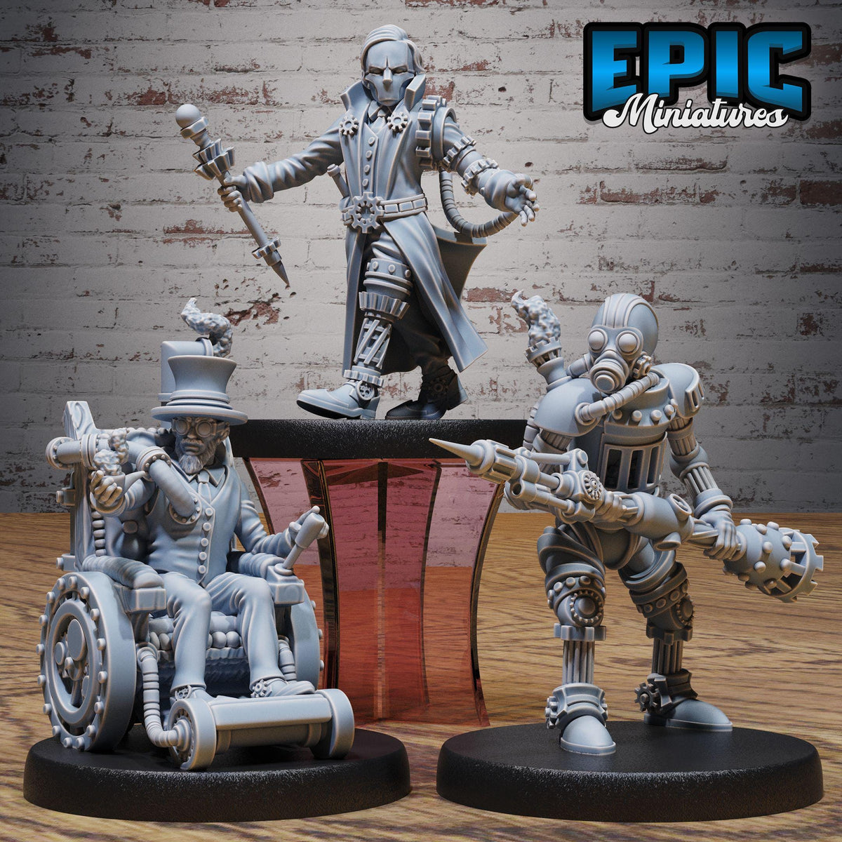 three figurines, each with unique poses and accessories, set against a brick wall background.