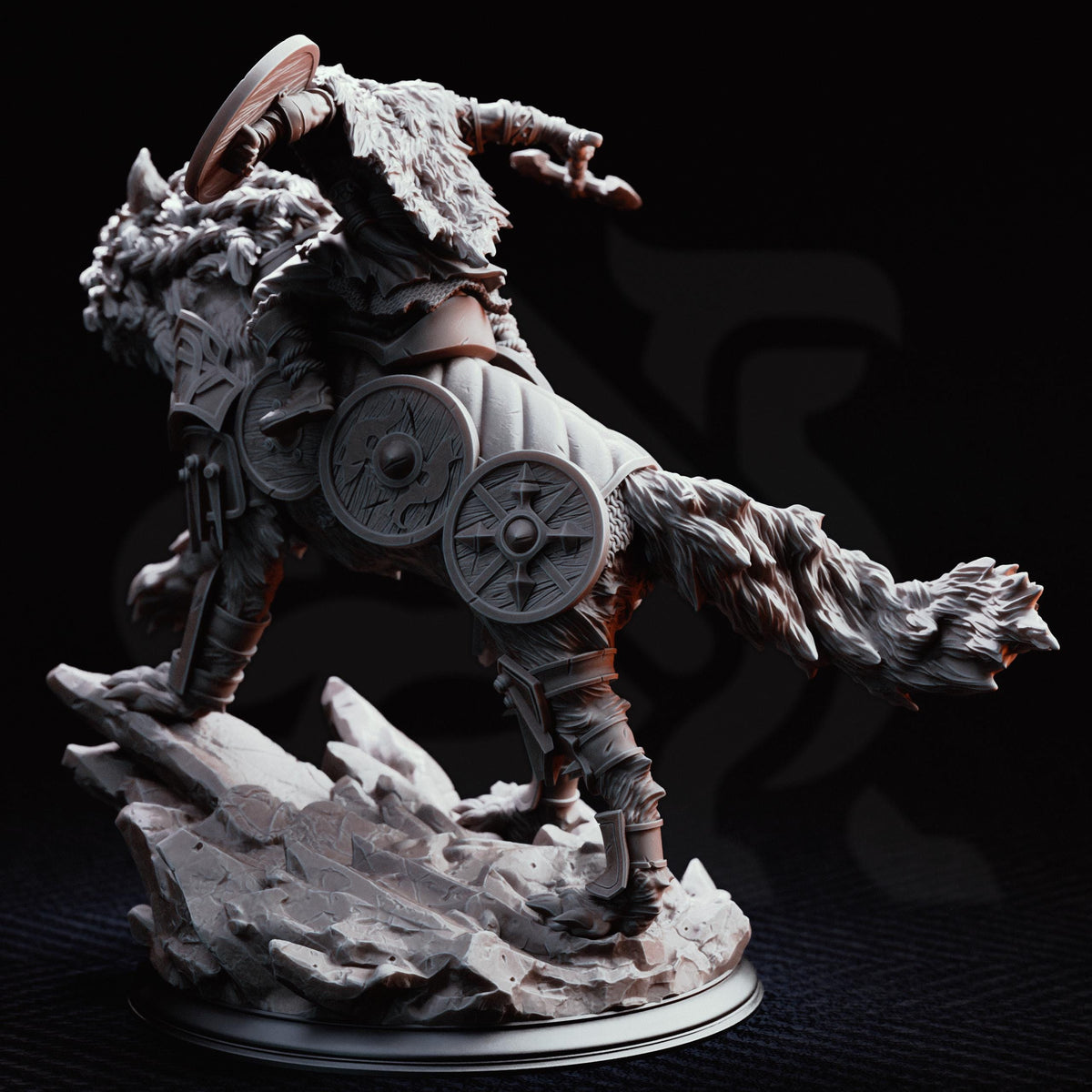 A detailed 3D model of a warrior figure, likely a Viking warrior, standing on a rocky platform and holding a shield.