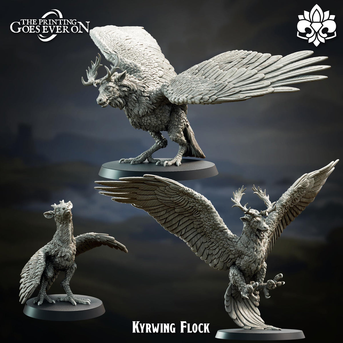 three detailed figurines of a mythical creature called the "Kyrwing Flock". The figurines are posed in various dynamic positions, showcasing the creature's impressive wingspan and intricate features.