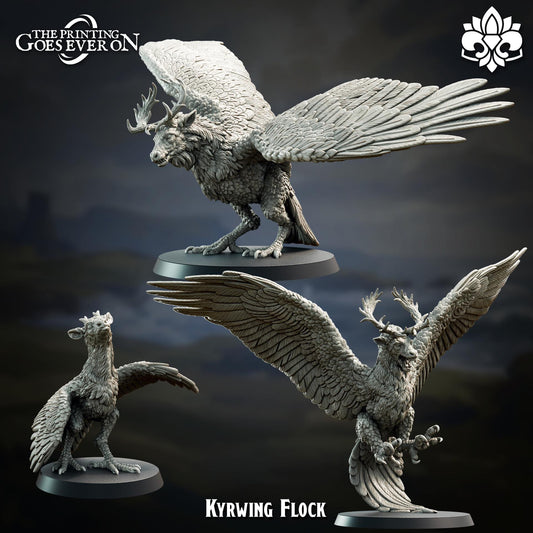 three detailed figurines of a mythical creature called the "Kyrwing Flock". The figurines are posed in various dynamic positions, showcasing the creature's impressive wingspan and intricate features.