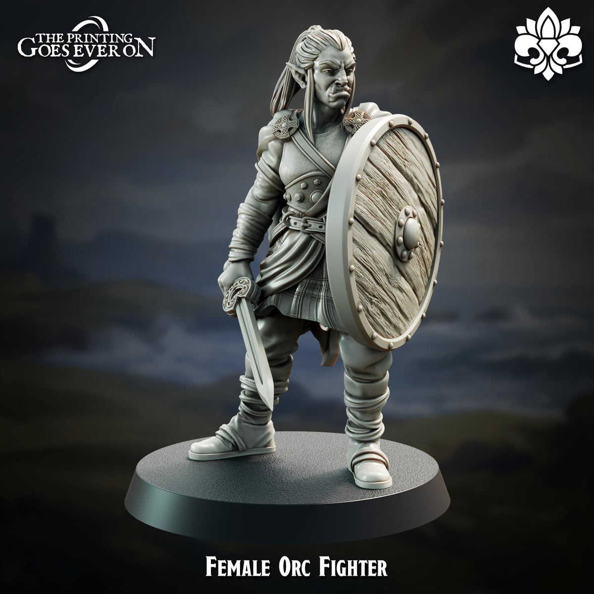 A female orc fighter figurine is depicted in the image, standing in a fighting stance and holding a shield.