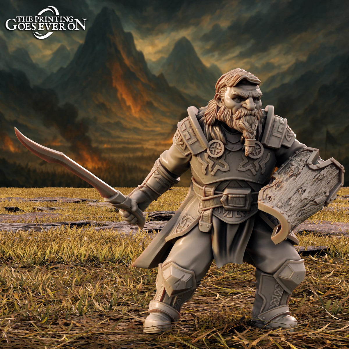 A detailed 3D model of a warrior figure, holding a sword and shield, standing in a grassy field with mountains in the background.
