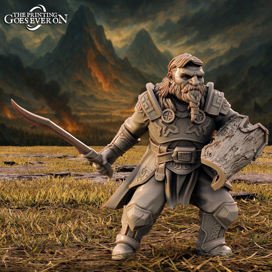 A detailed 3D model of a warrior figure, holding a sword and shield, standing in a grassy field with mountains in the background.