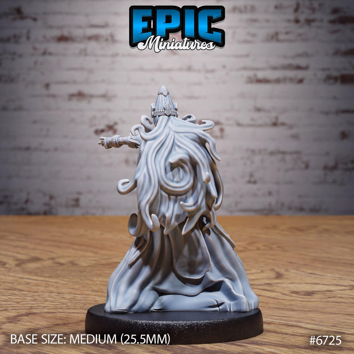 A 3D model of a character with long, flowing hair and a pointed hat, sitting on a black base. The image is labeled as a "Epic Miniature" and is described as a "Base Size: Medium (25.5mm)" and "#6725".